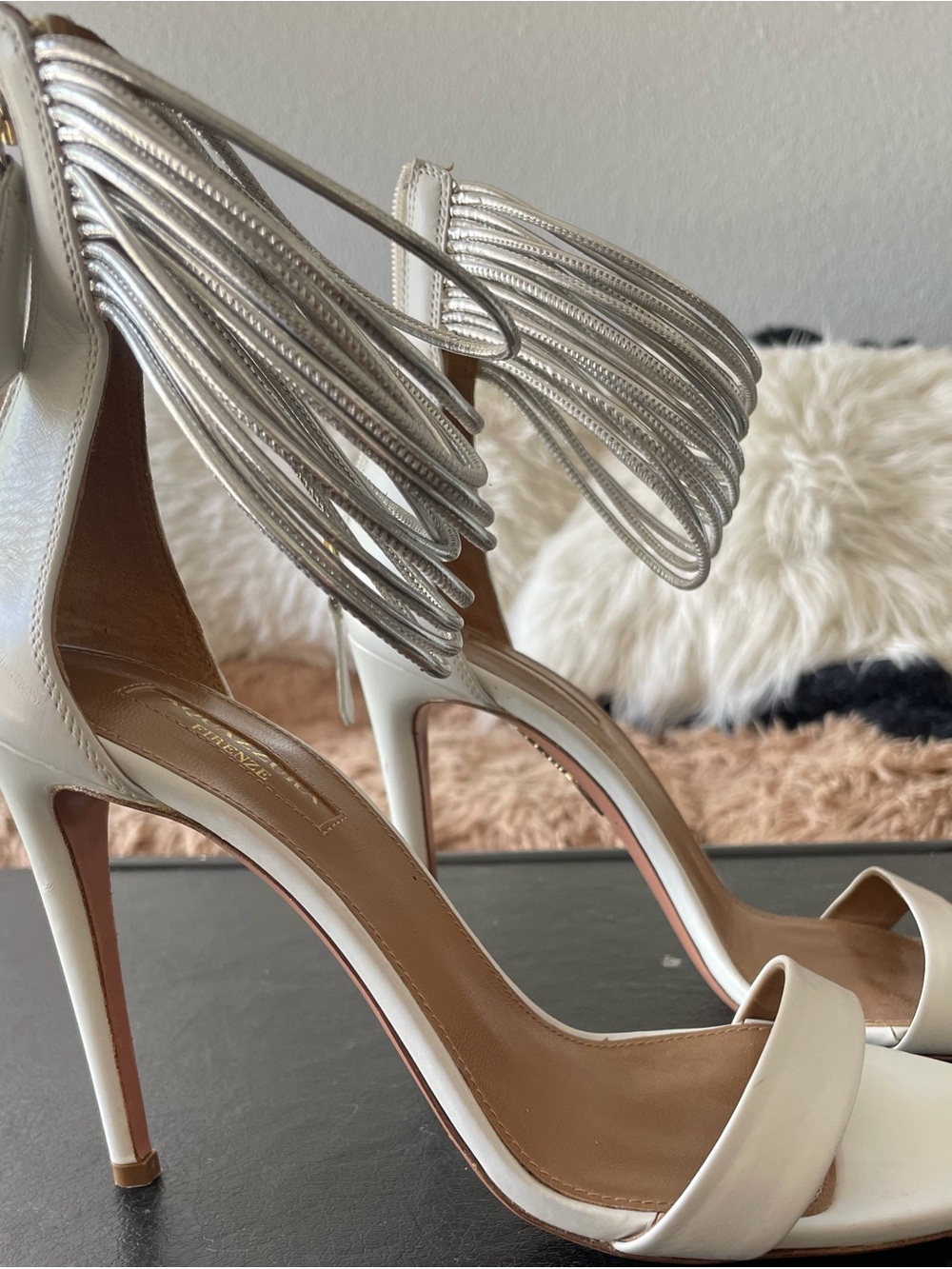 Aquazzura White and Silver Ankle-Tie Stiletto Sandals